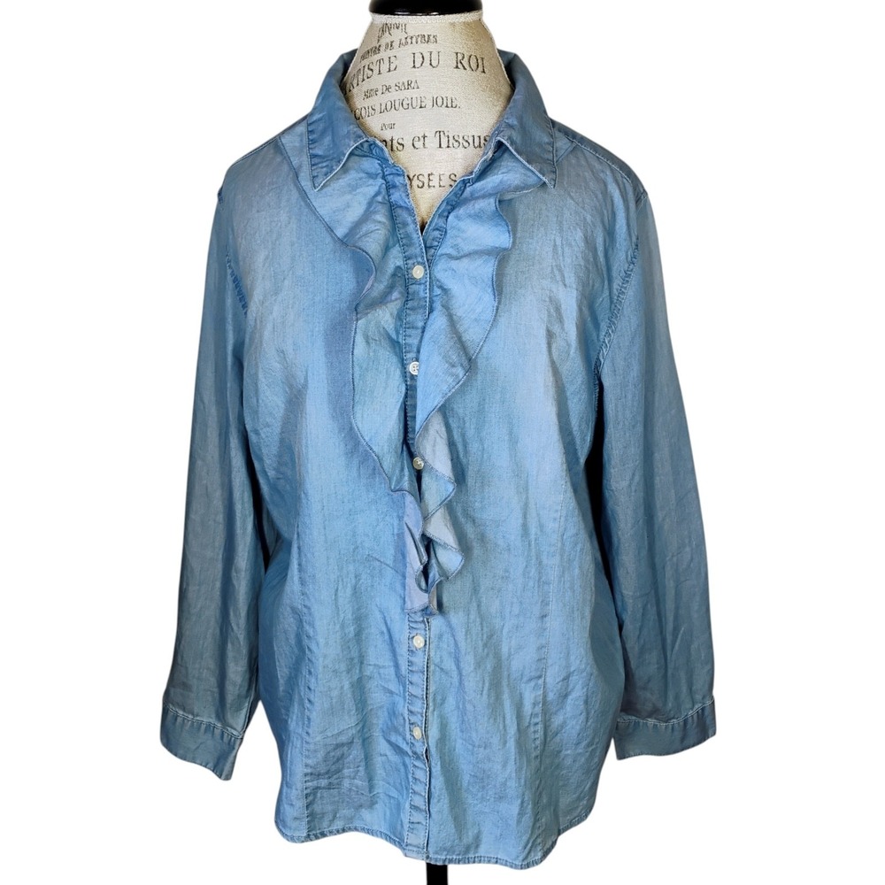 Chico's Button Down Shirt Womens XL Blue Chambray Ruffle Western Cowgirl Rodeo